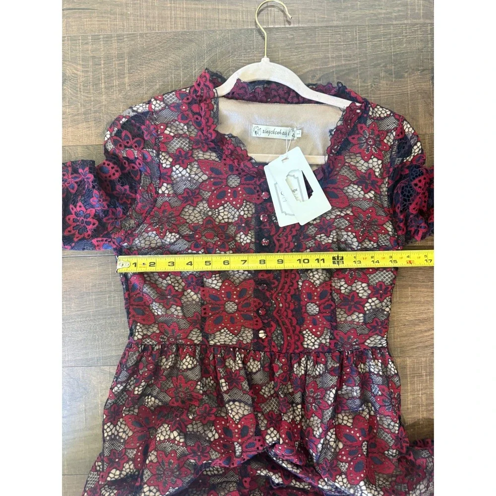 Xingchenkaiyi Red Navy Floral Lace A Line Midi Dress Long Sleeve US‎ 6  L